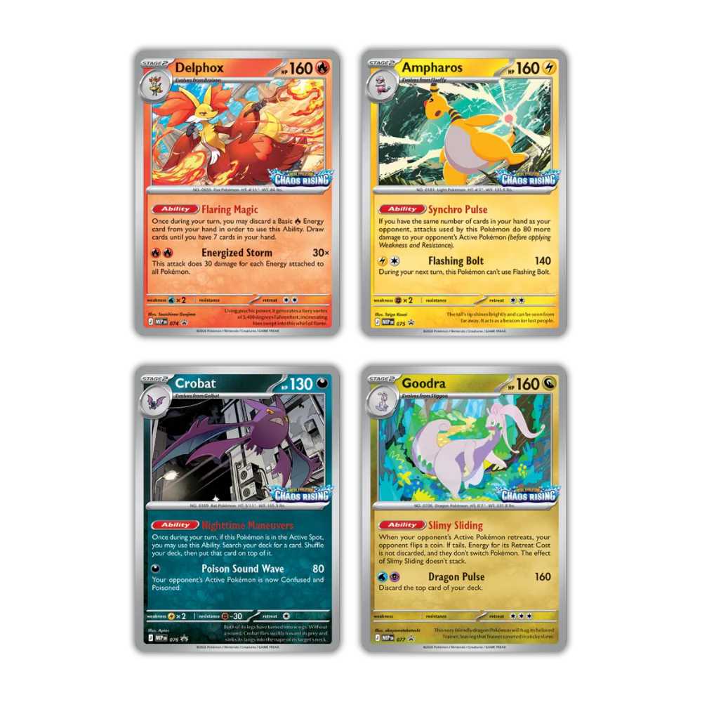 Chaos Rising Prerelease Promo Cards Set of 4 (Delphox, Ampharos, Crobat, Goodra)